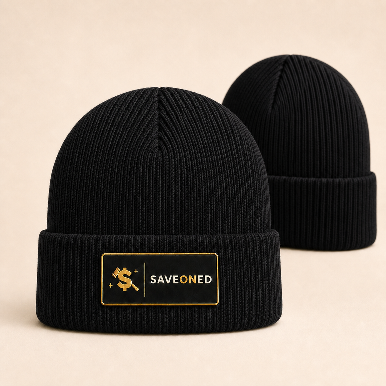 Black signature knit beanie shown in black